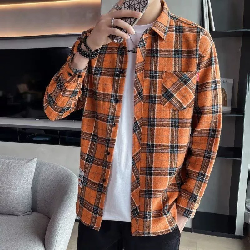 ZITY Men’s Spring Autumn Plaid Long Sleeve Loose Fit Casual Shirt
