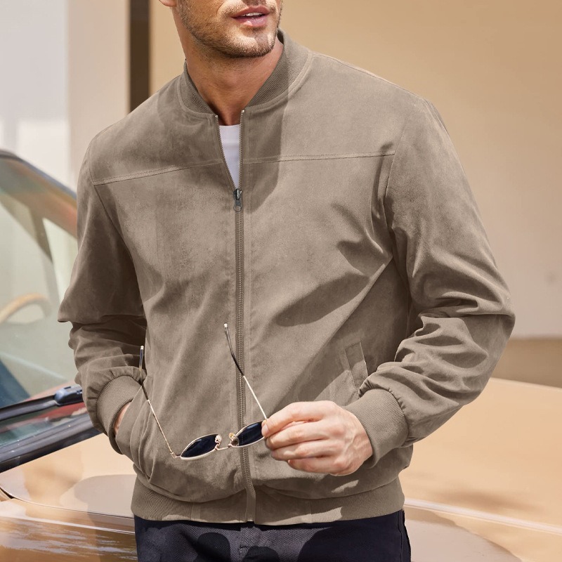 ZITY Men’s Jackets Suede Look Solid Color Zipper Vintage Long Sleeve Casual Outerwear