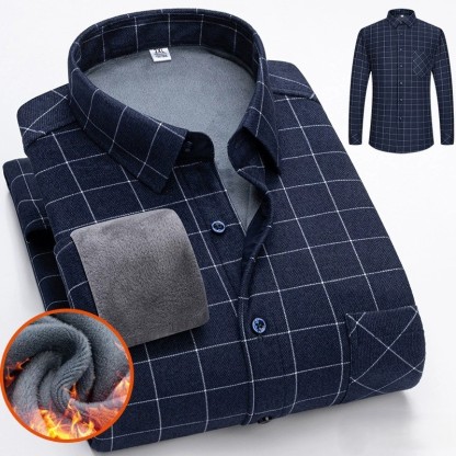 ZITY Men’s Autumn Winter Thick Fleece Lined Plaid Long Sleeve Shirt