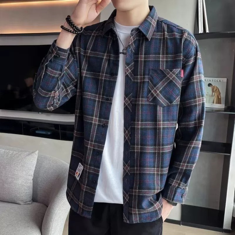 ZITY Men’s Spring Autumn Plaid Long Sleeve Loose Fit Casual Shirt