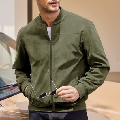 ZITY Men’s Jackets Suede Look Solid Color Zipper Vintage Long Sleeve Casual Outerwear