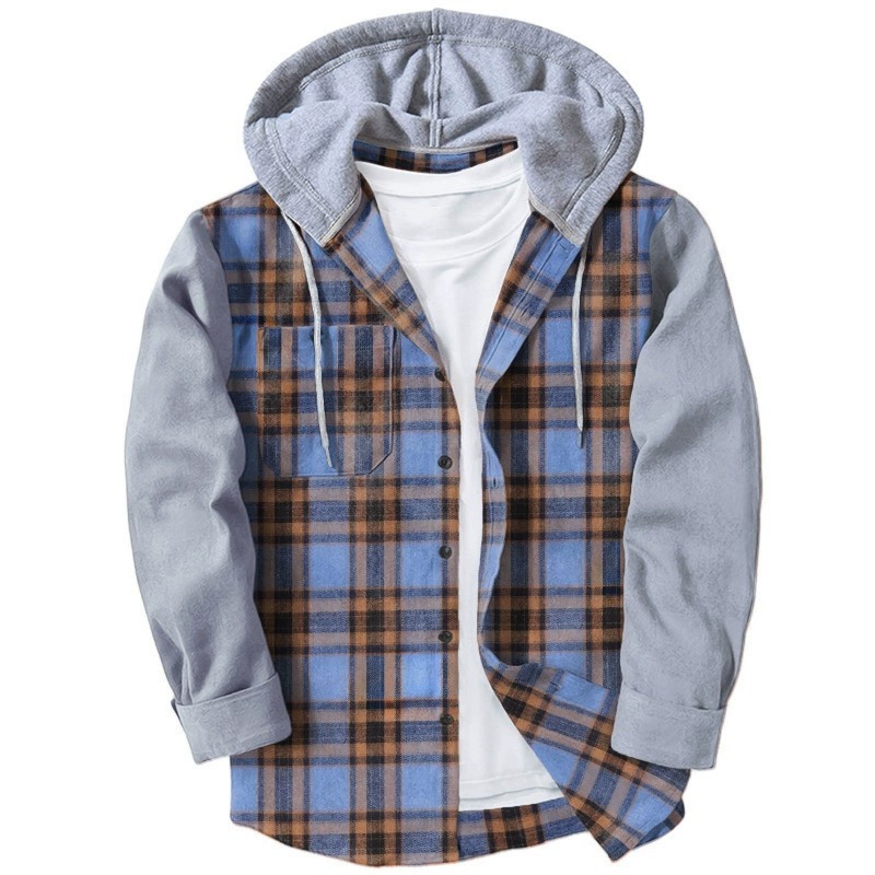 ZITY Men’s Hooded Color Block Plaid Long Sleeve Cotton Blend Shirt–DUMLT06597