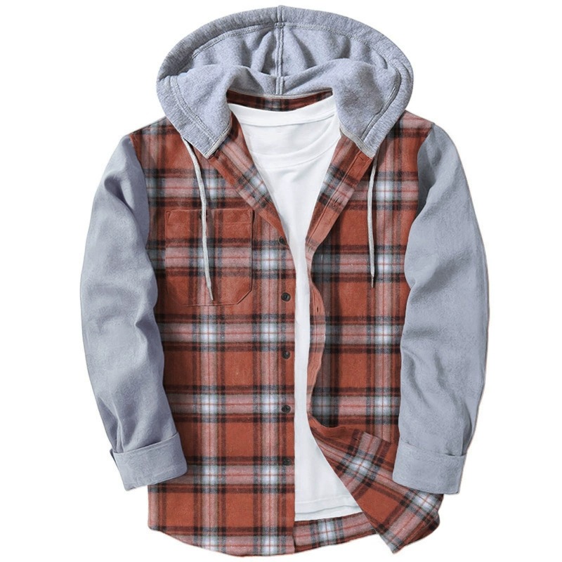 ZITY Men’s Hooded Color Block Plaid Long Sleeve Cotton Blend Shirt–DUMLT06597