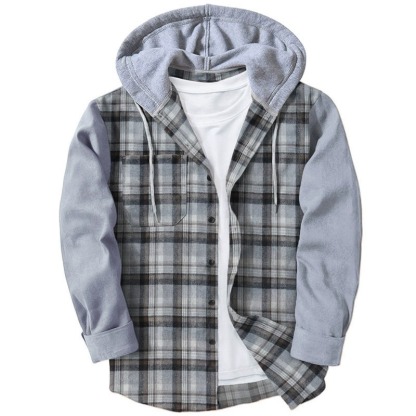 ZITY Men’s Hooded Color Block Plaid Long Sleeve Cotton Blend Shirt–DUMLT06597