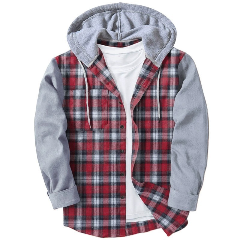 ZITY Men’s Hooded Color Block Plaid Long Sleeve Cotton Blend Shirt–DUMLT06597