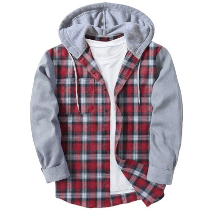 ZITY Men’s Hooded Color Block Plaid Long Sleeve Cotton Blend Shirt–DUMLT06597