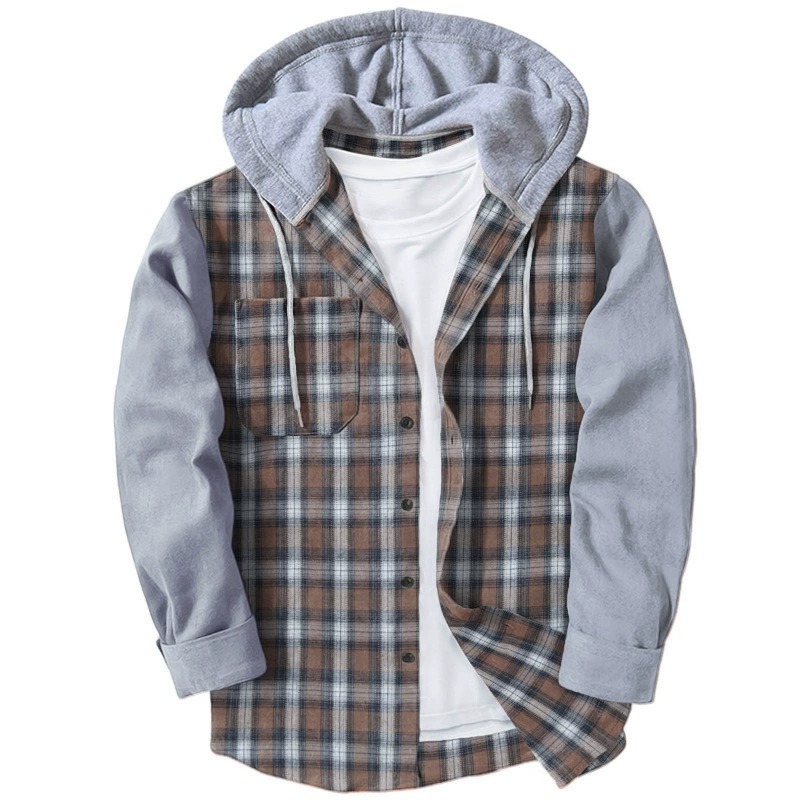ZITY Men’s Hooded Color Block Plaid Long Sleeve Cotton Blend Shirt–DUMLT06597
