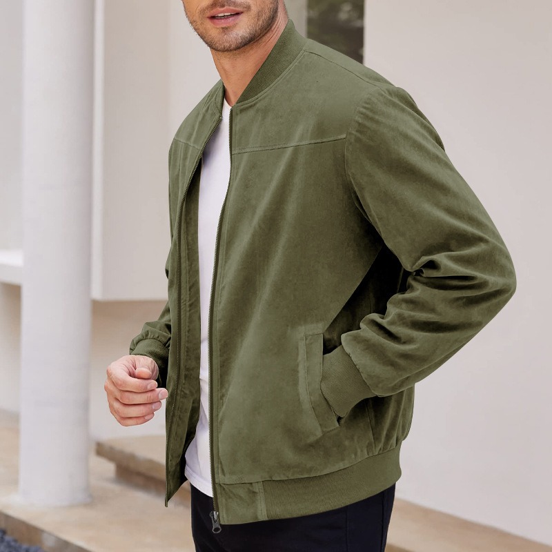 ZITY Men’s Jackets Suede Look Solid Color Zipper Vintage Long Sleeve Casual Outerwear