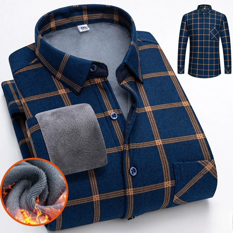 ZITY Men’s Autumn Winter Thick Fleece Lined Plaid Long Sleeve Shirt