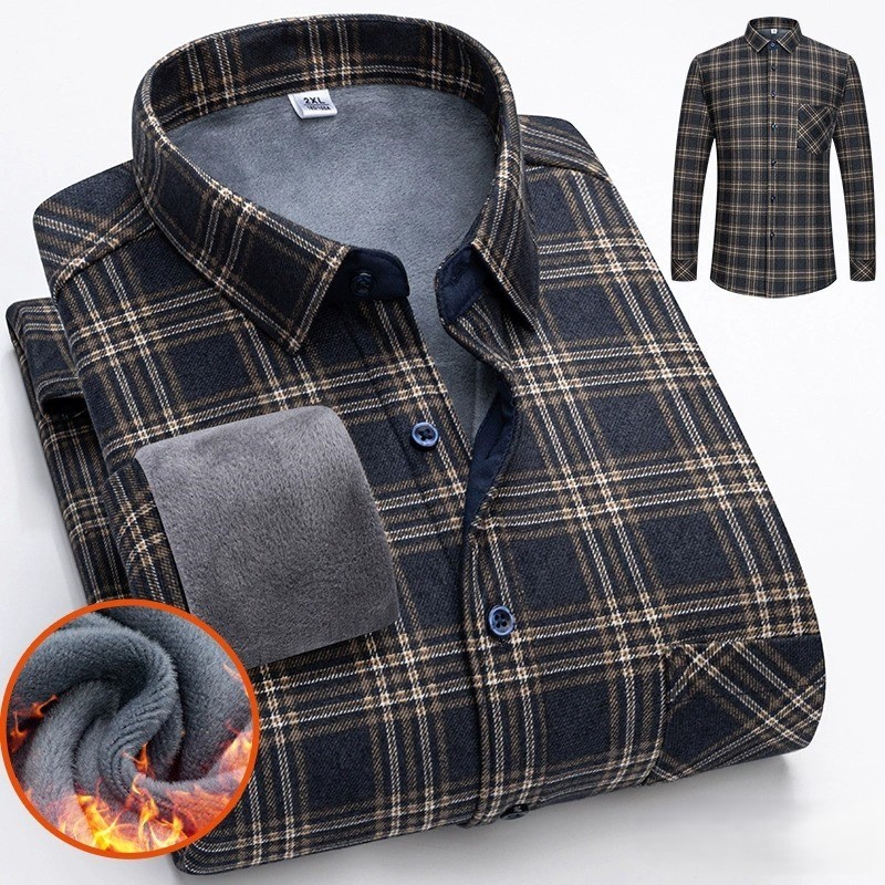 ZITY Men’s Autumn Winter Thick Fleece Lined Plaid Long Sleeve Shirt