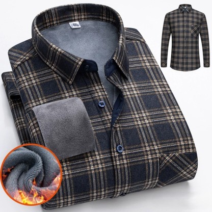 ZITY Men’s Autumn Winter Thick Fleece Lined Plaid Long Sleeve Shirt