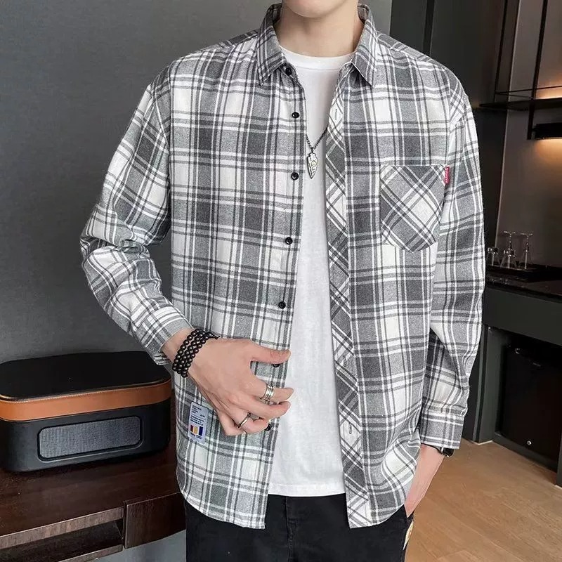 ZITY Men’s Spring Autumn Plaid Long Sleeve Loose Fit Casual Shirt