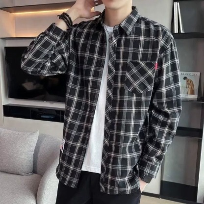 ZITY Men’s Spring Autumn Plaid Long Sleeve Loose Fit Casual Shirt