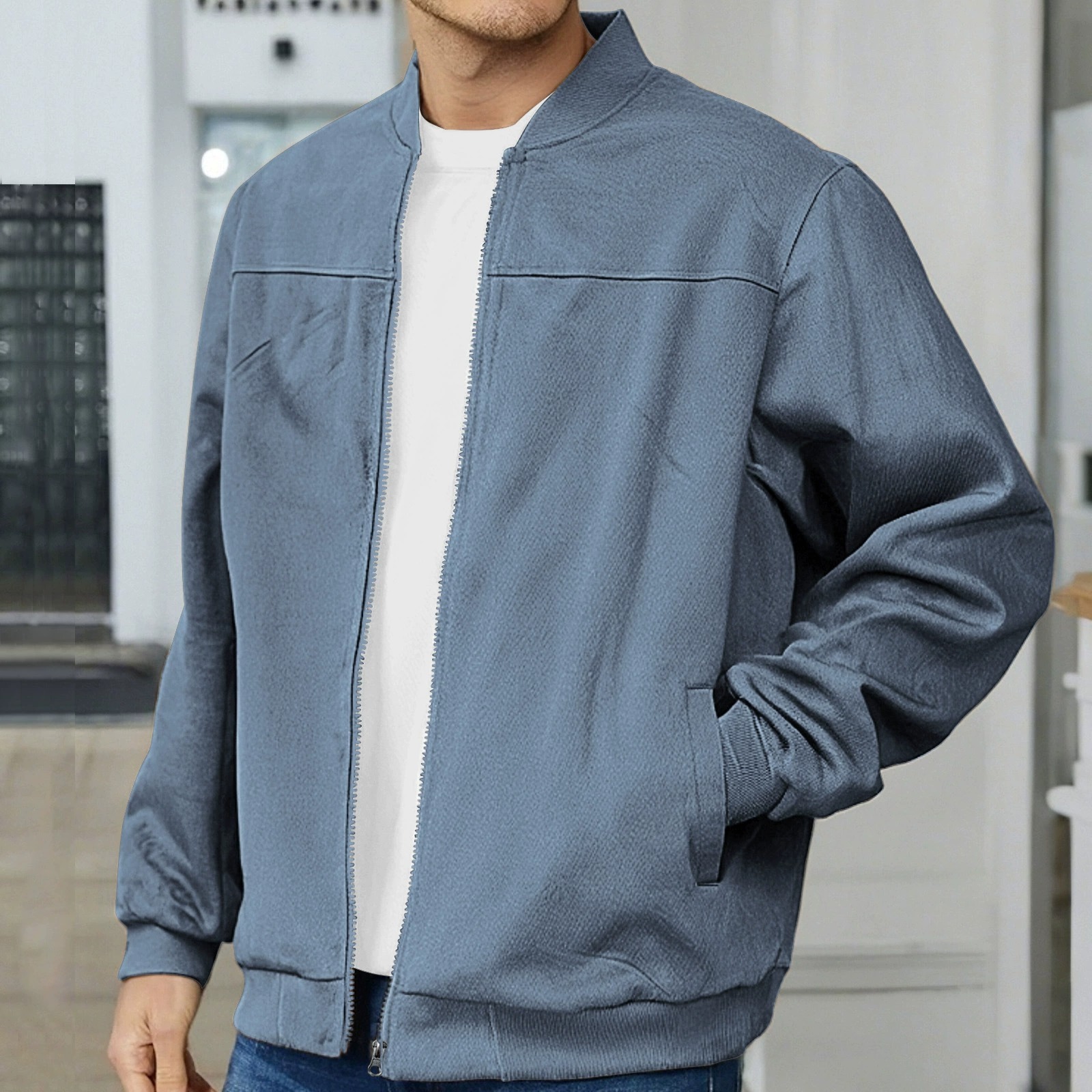 ZITY Men’s Jackets Suede Look Solid Color Zipper Vintage Long Sleeve Casual Outerwear