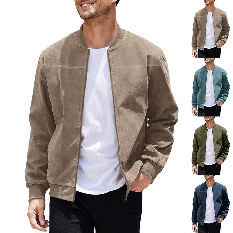 ZITY Men’s Jackets Suede Look Solid Color Zipper Vintage Long Sleeve Casual Outerwear
