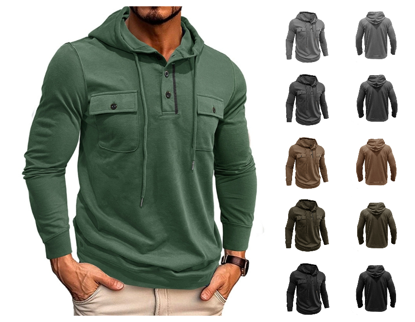 men's solid chest pockets button hoodie