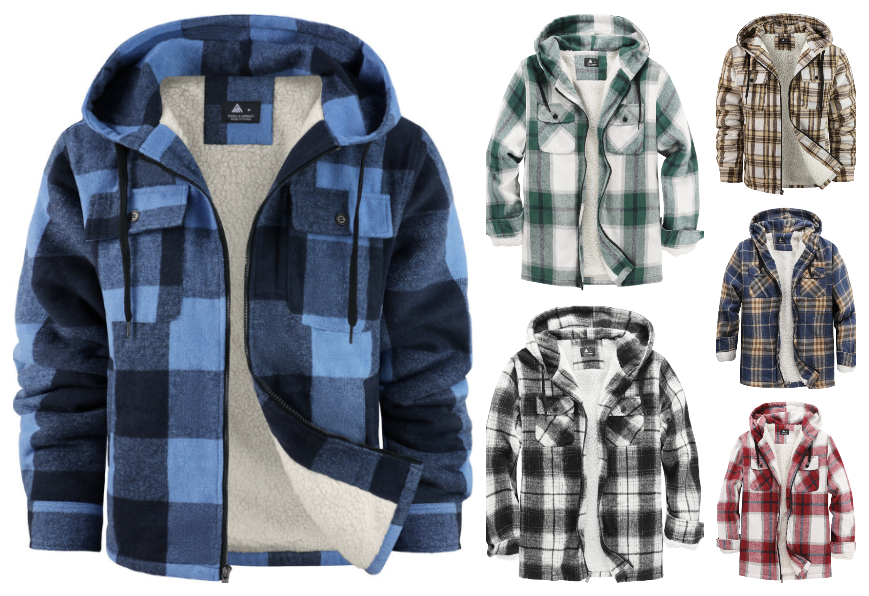 Men's Sherpa Lined Soft Warm Plaid Hooide Jacket