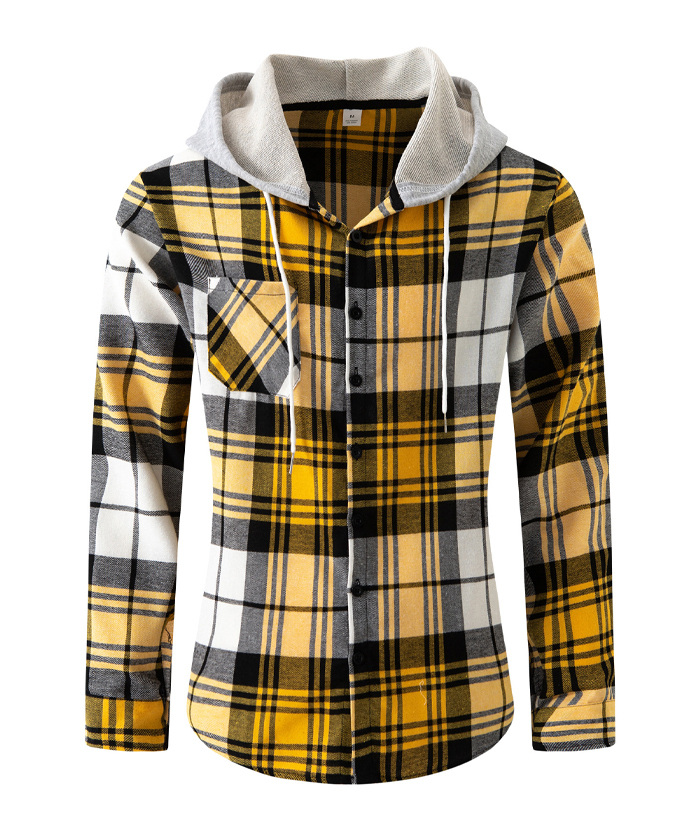 Men's Flannel Drawstring Hooded Plaid Shirt-DUMLT05801