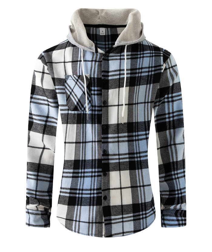 Men's Flannel Drawstring Hooded Plaid Shirt-DUMLT05801