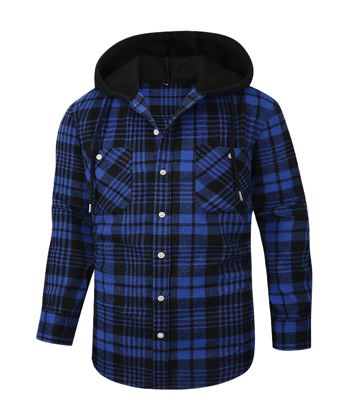 Men's Hooded Button Up Flannel Plaid Shirt-DUMLT05800