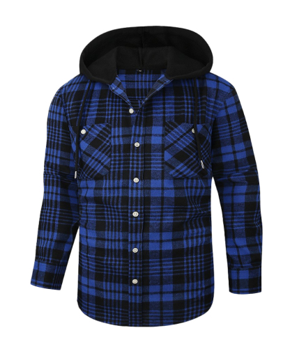 Men's Hooded Button Up Flannel Plaid Shirt-DUMLT05800