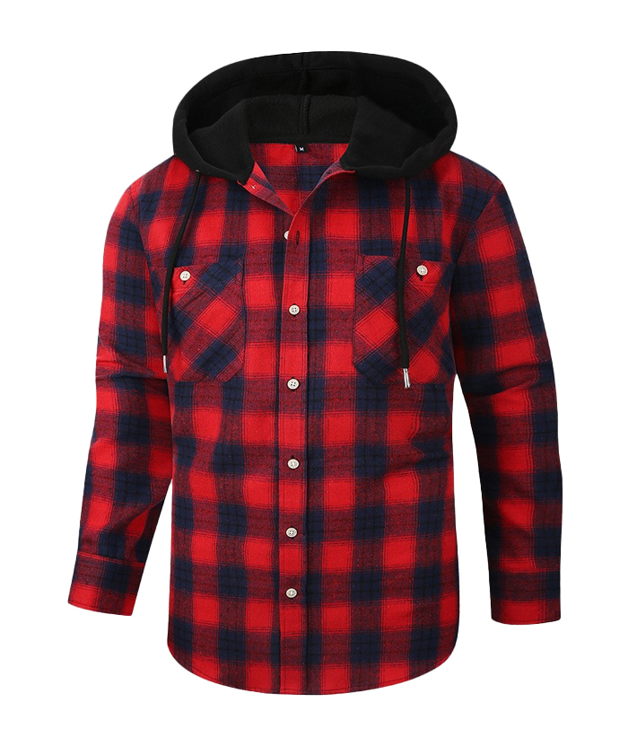 Men's Hooded Button Up Flannel Plaid Shirt-DUMLT05800