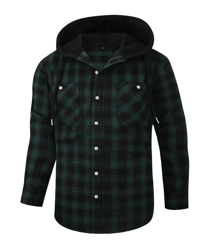 Men's Hooded Button Up Flannel Plaid Shirt-DUMLT05800