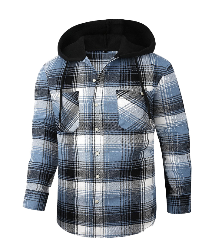 Men's Hooded Button Up Flannel Plaid Shirt-DUMLT05800