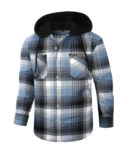 Men's Hooded Button Up Flannel Plaid Shirt-DUMLT05800