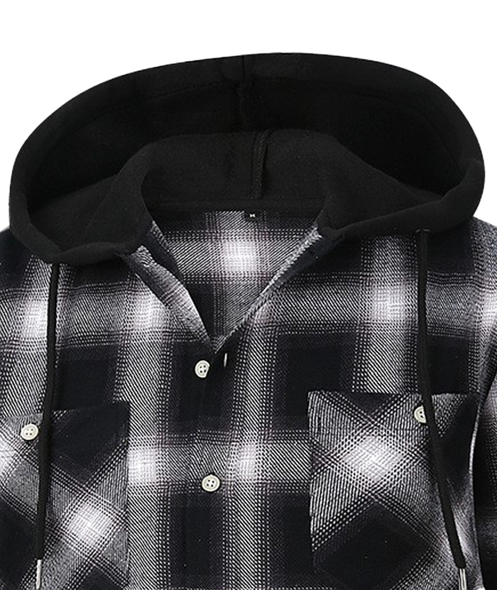 Men's Hooded Button Up Flannel Plaid Shirt-DUMLT05800