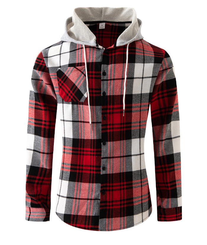Men's Flannel Drawstring Hooded Plaid Shirt-DUMLT05801