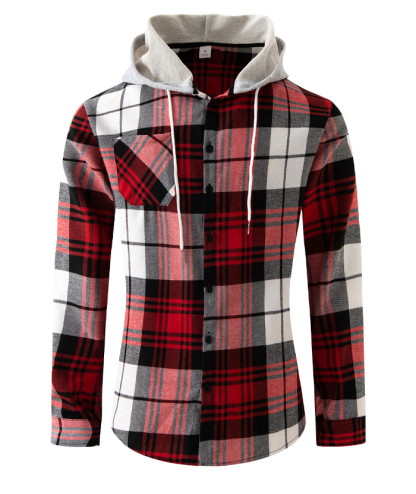 Men's Flannel Drawstring Hooded Plaid Shirt-DUMLT05801