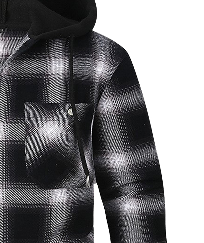 Men's Hooded Button Up Flannel Plaid Shirt-DUMLT05800
