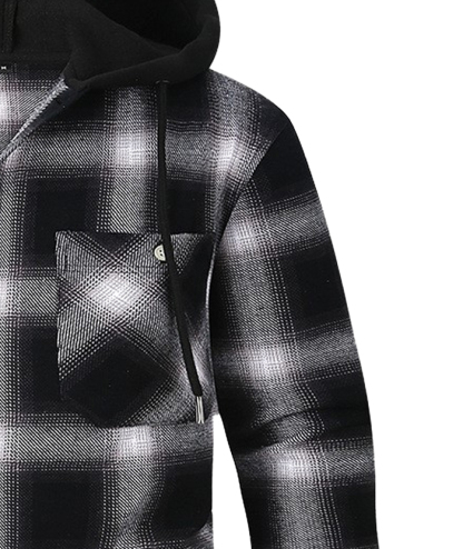 Men's Hooded Button Up Flannel Plaid Shirt-DUMLT05800