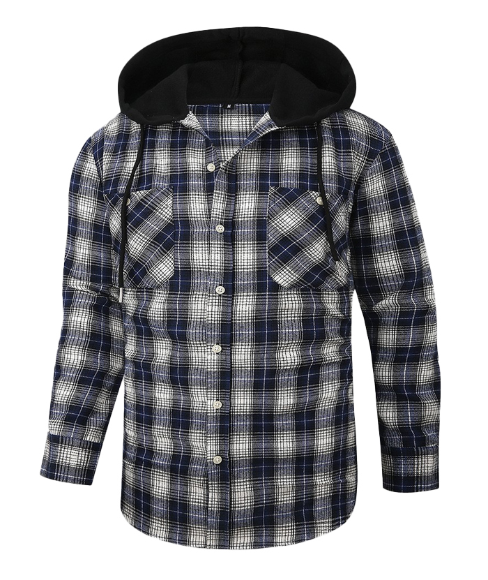 Men's Hooded Button Up Flannel Plaid Shirt-DUMLT05800