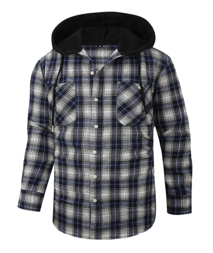 Men's Hooded Button Up Flannel Plaid Shirt-DUMLT05800
