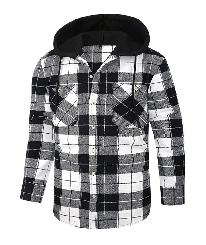 Men's Hooded Button Up Flannel Plaid Shirt-DUMLT05800