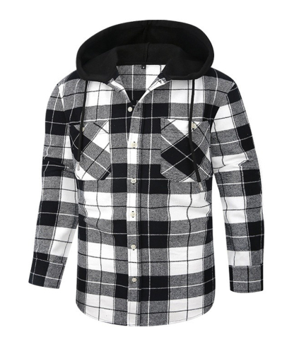 Men's Hooded Button Up Flannel Plaid Shirt-DUMLT05800