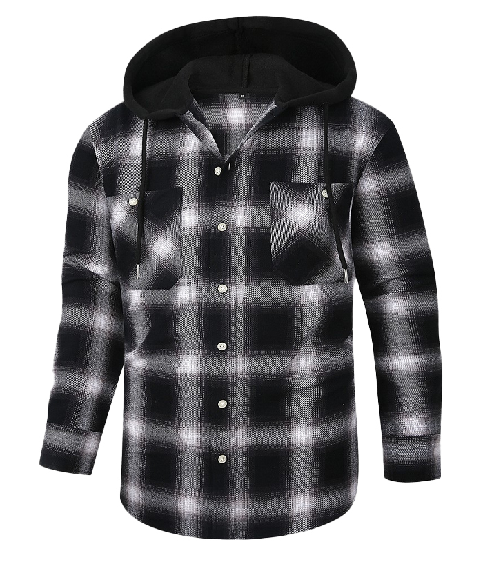Men's Hooded Button Up Flannel Plaid Shirt-DUMLT05800