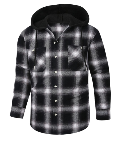 Men's Hooded Button Up Flannel Plaid Shirt-DUMLT05800