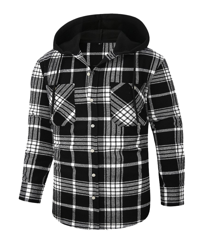 Men's Hooded Button Up Flannel Plaid Shirt-DUMLT05800