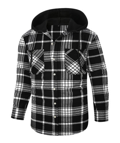 Men's Hooded Button Up Flannel Plaid Shirt-DUMLT05800