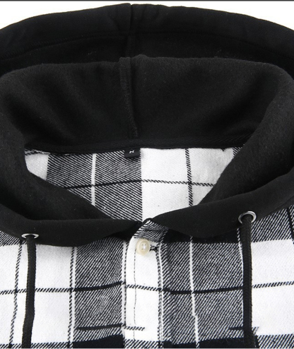 Men's Hooded Button Up Flannel Plaid Shirt-DUMLT05800