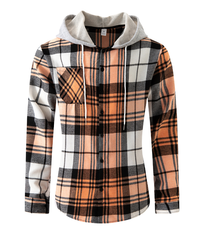 Men's Flannel Drawstring Hooded Plaid Shirt-DUMLT05801
