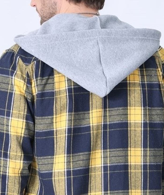 Men's Hooded Button Up Flannel Plaid Shirt-DUMLT05800