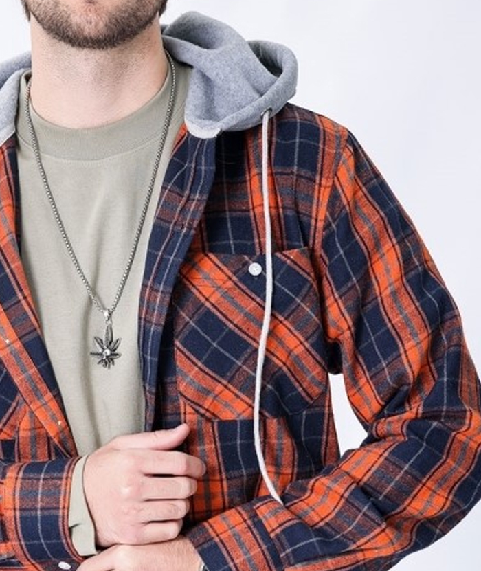 Men's Hooded Button Up Flannel Plaid Shirt-DUMLT05800