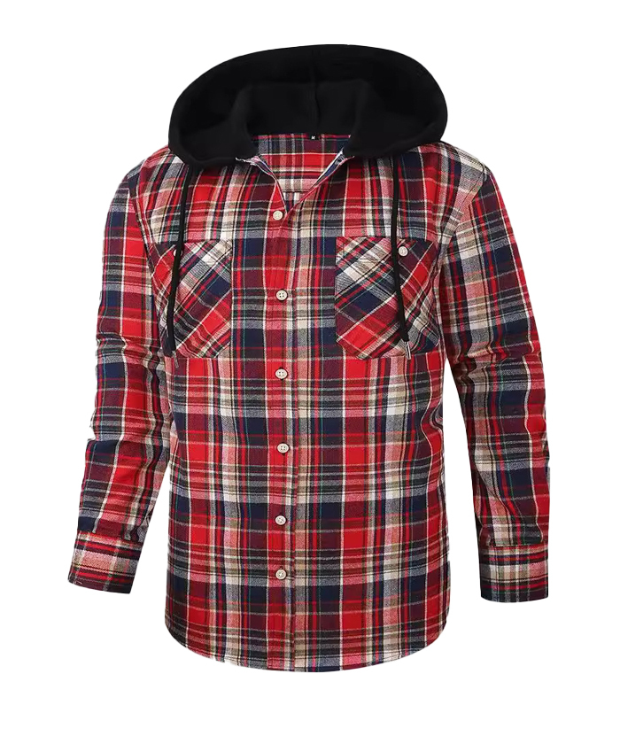 Men's Hooded Button Up Flannel Plaid Shirt-DUMLT05800