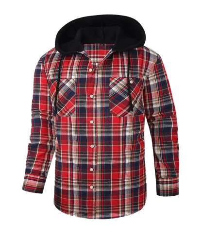 Men's Hooded Button Up Flannel Plaid Shirt-DUMLT05800
