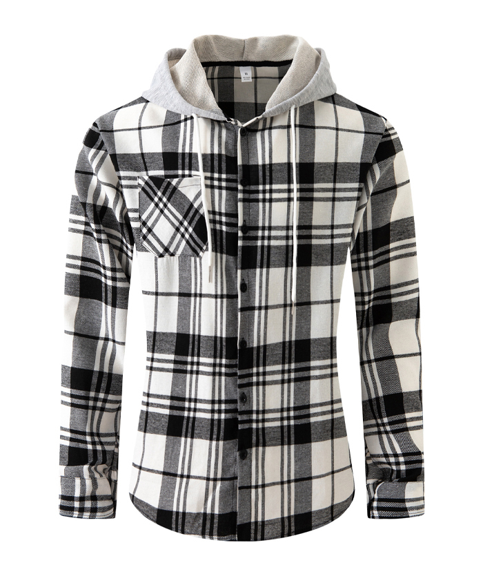 Men's Flannel Drawstring Hooded Plaid Shirt-DUMLT05801
