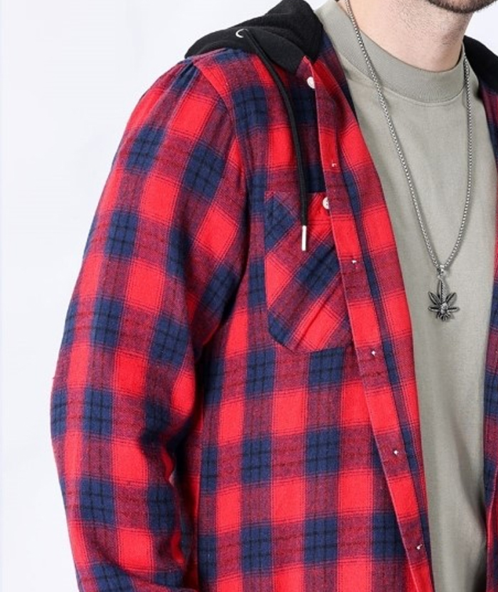 Men's Hooded Button Up Flannel Plaid Shirt-DUMLT05800